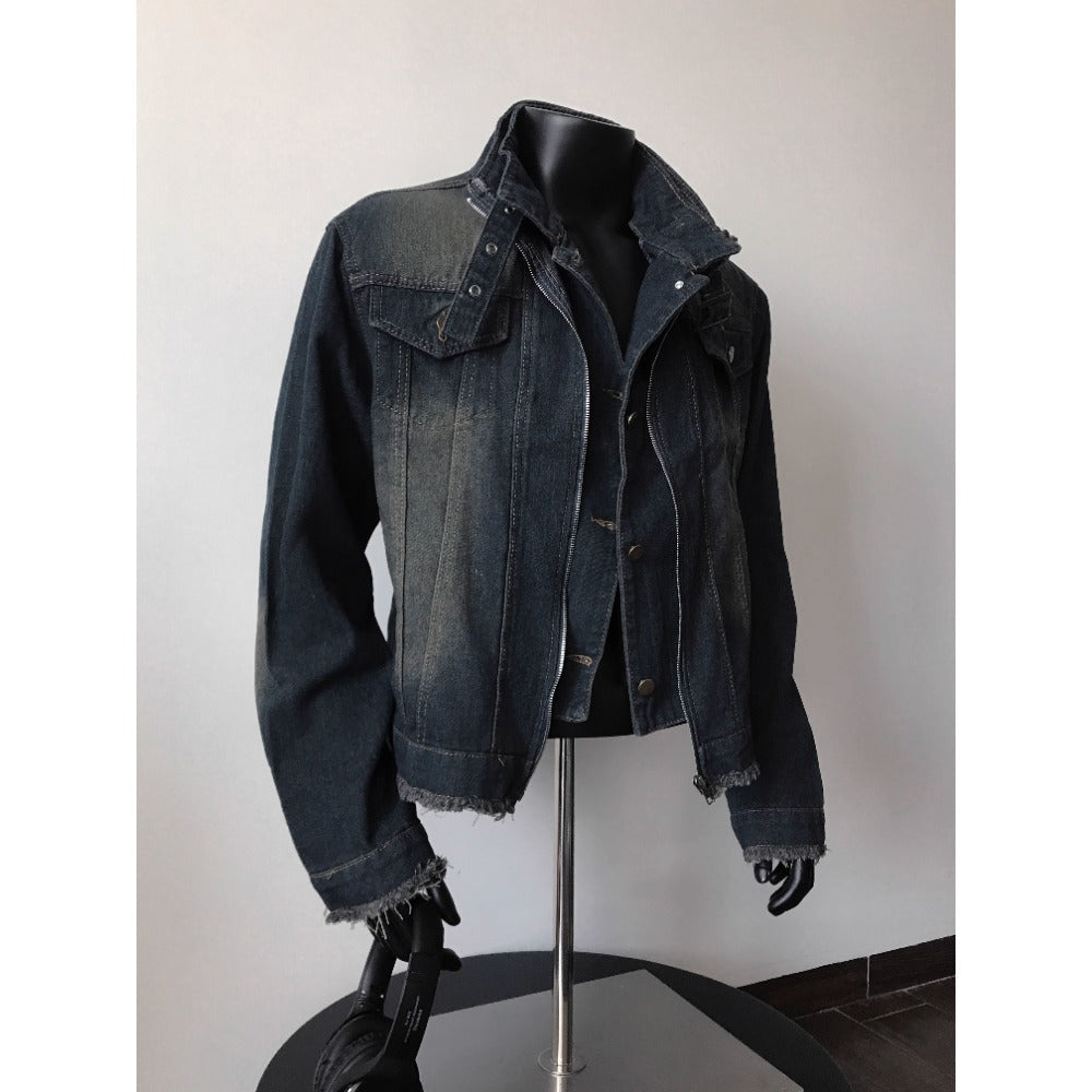 Dark Blue Denim Jacket with Frayed Hem for Men and Women - Diana