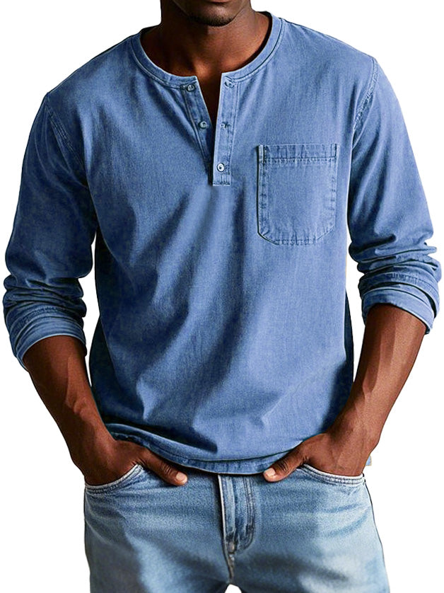 Men's Long Sleeve Henley Tee with Chest Pocket