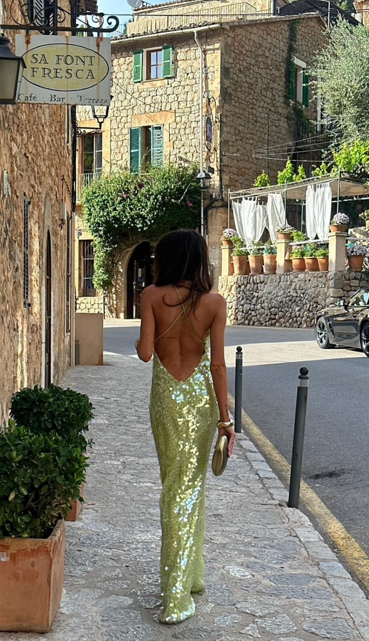 Lime Green Sequin Maxi Dress with Side Slit for Women - Adele