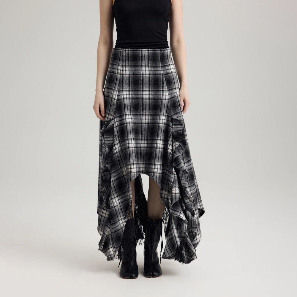 Black White Plaid Asymmetrical Midi Skirt with Ruffles for Women - Bianca