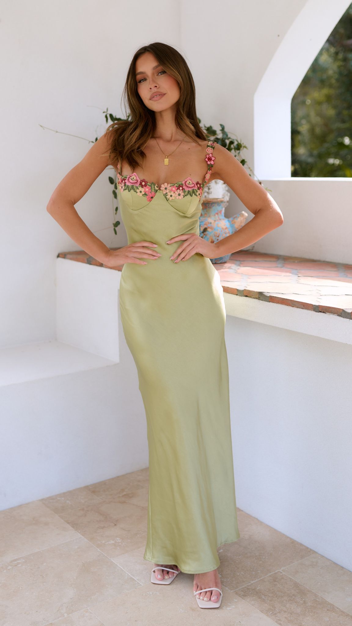 Olive Green Satin Maxi Dress with Floral Straps for Women - Olga