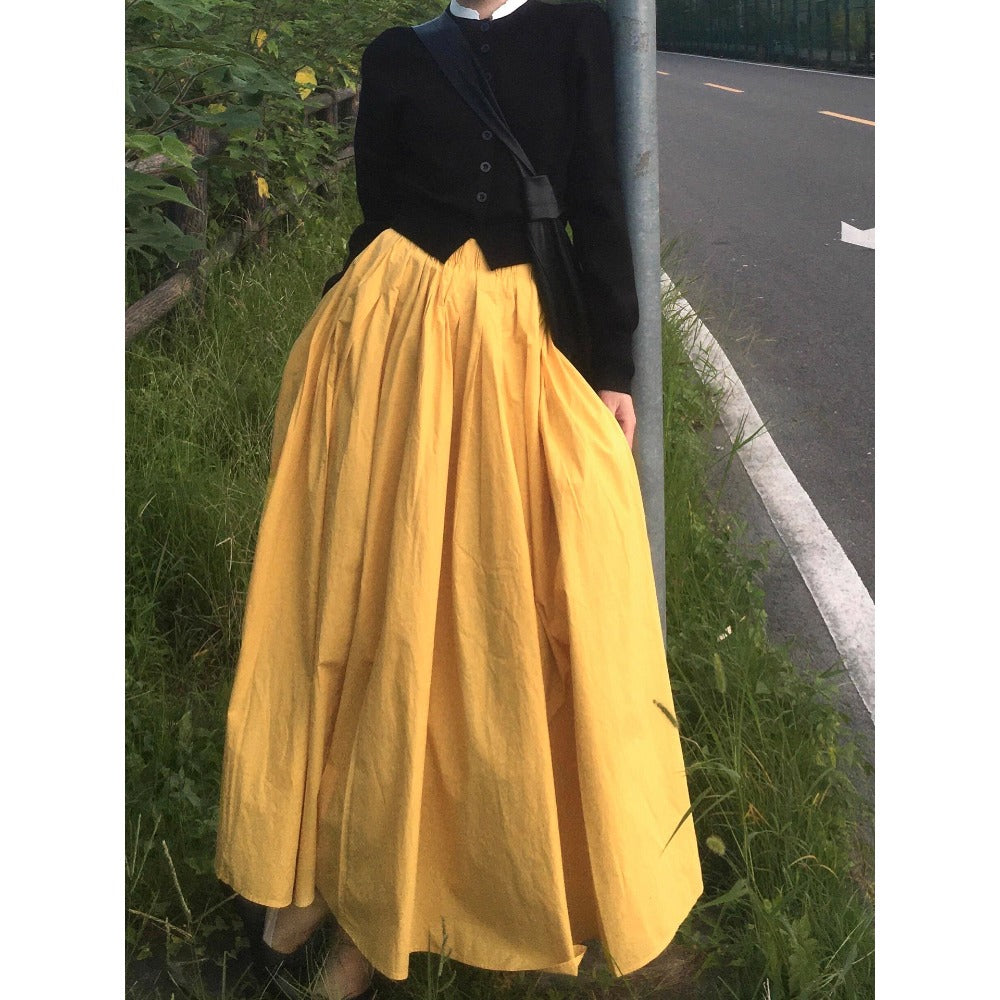 Yellow High Waist Maxi Skirt with Pleats for Women - Rosa
