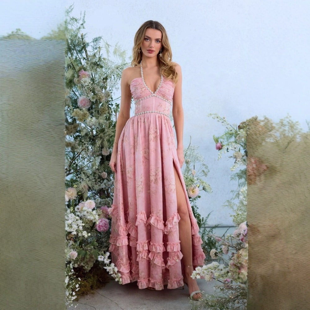 Floral Maxi Dress with Halter Neck and Side Slit for Women - Donatella