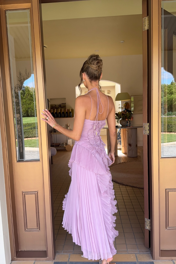 Lavender Pleated Maxi Dress with Ruffle Detail for Women - Gelsomina