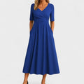 Women's V-Neck 3/4 Sleeve Midi Wrap Dress