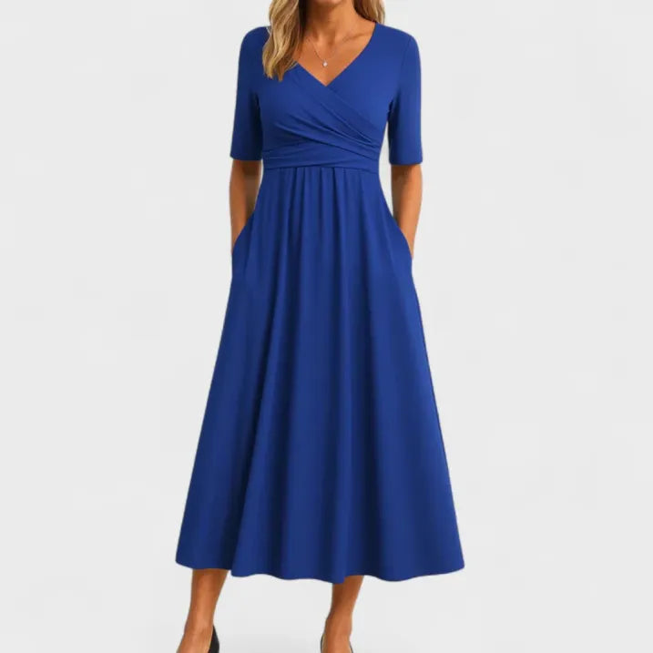 Women's V-Neck 3/4 Sleeve Midi Wrap Dress
