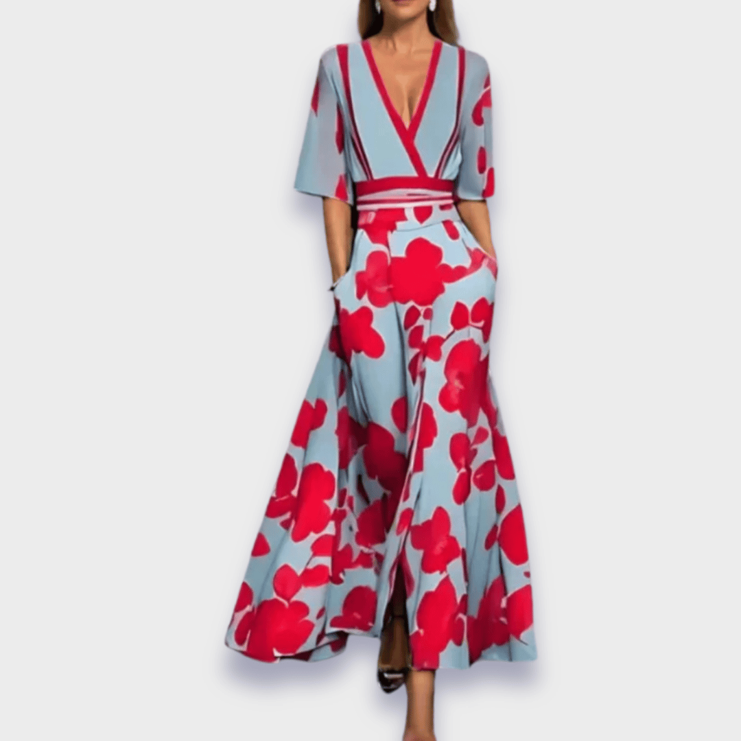 Women's V-Neck Floral Print Wrap Maxi Dress
