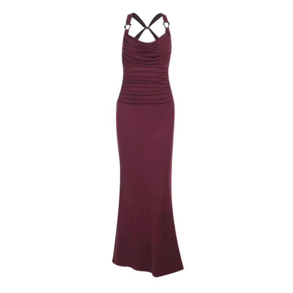 Burgundy Maxi Dress with Draped Neckline for Women - Rosella