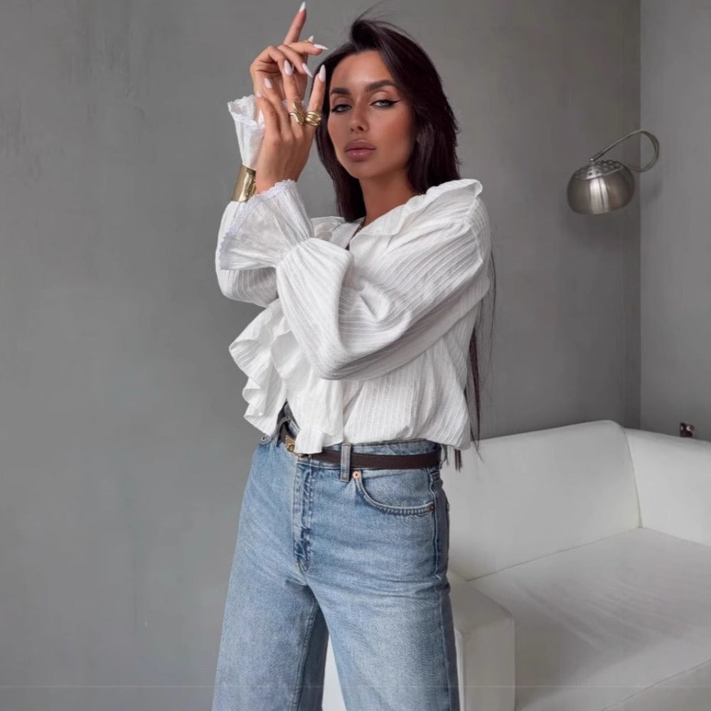White Ruffle V Neck Blouse with Long Sleeves for Women - Loredana