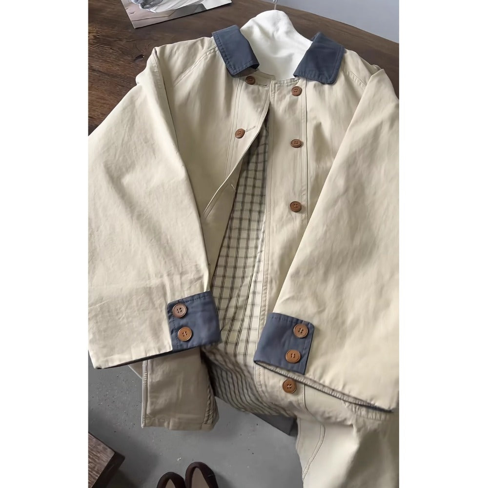 Beige Button Up Contrast Collar Trench Coat for Women - Luce