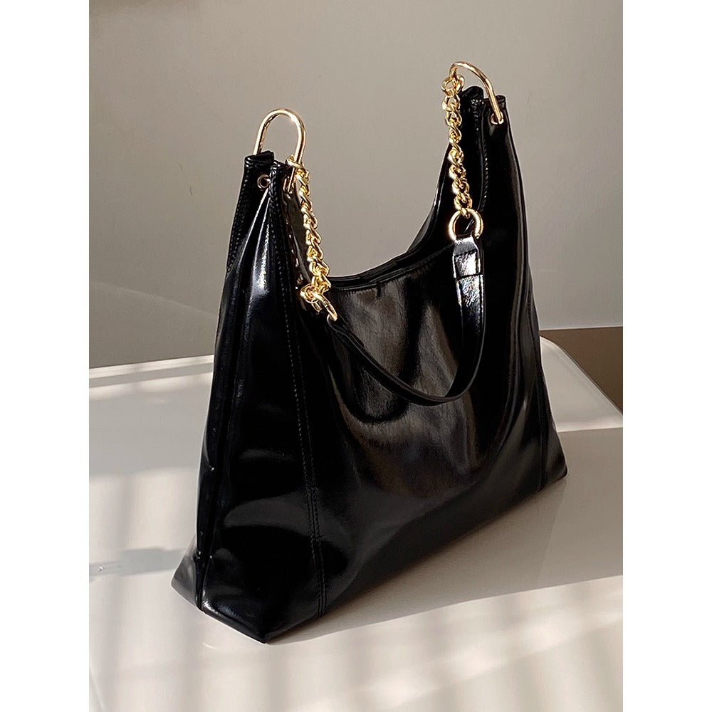 Black Leather Shoulder Bag with Gold Chain Strap for Women - Gioia
