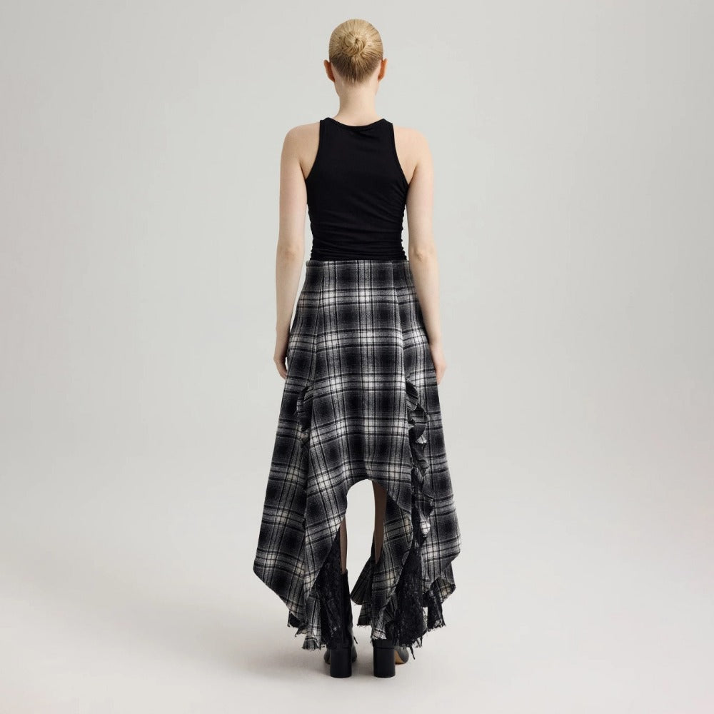 Black White Plaid Asymmetrical Midi Skirt with Ruffles for Women - Bianca