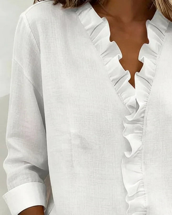 Women's Long Sleeve Ruffle V-Neck Blouse | Loose Fit