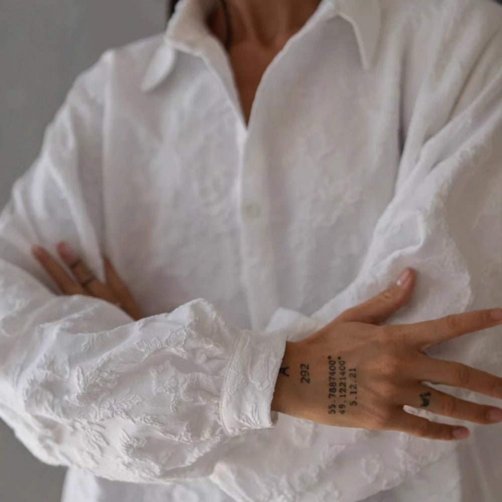 White Textured Button Up Shirt with Long Sleeves for Women - Noemi