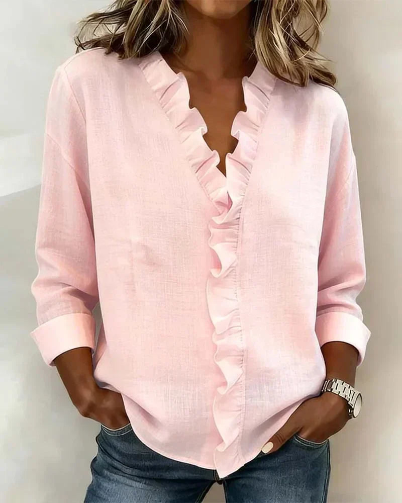 Women's Long Sleeve Ruffle V-Neck Blouse | Loose Fit