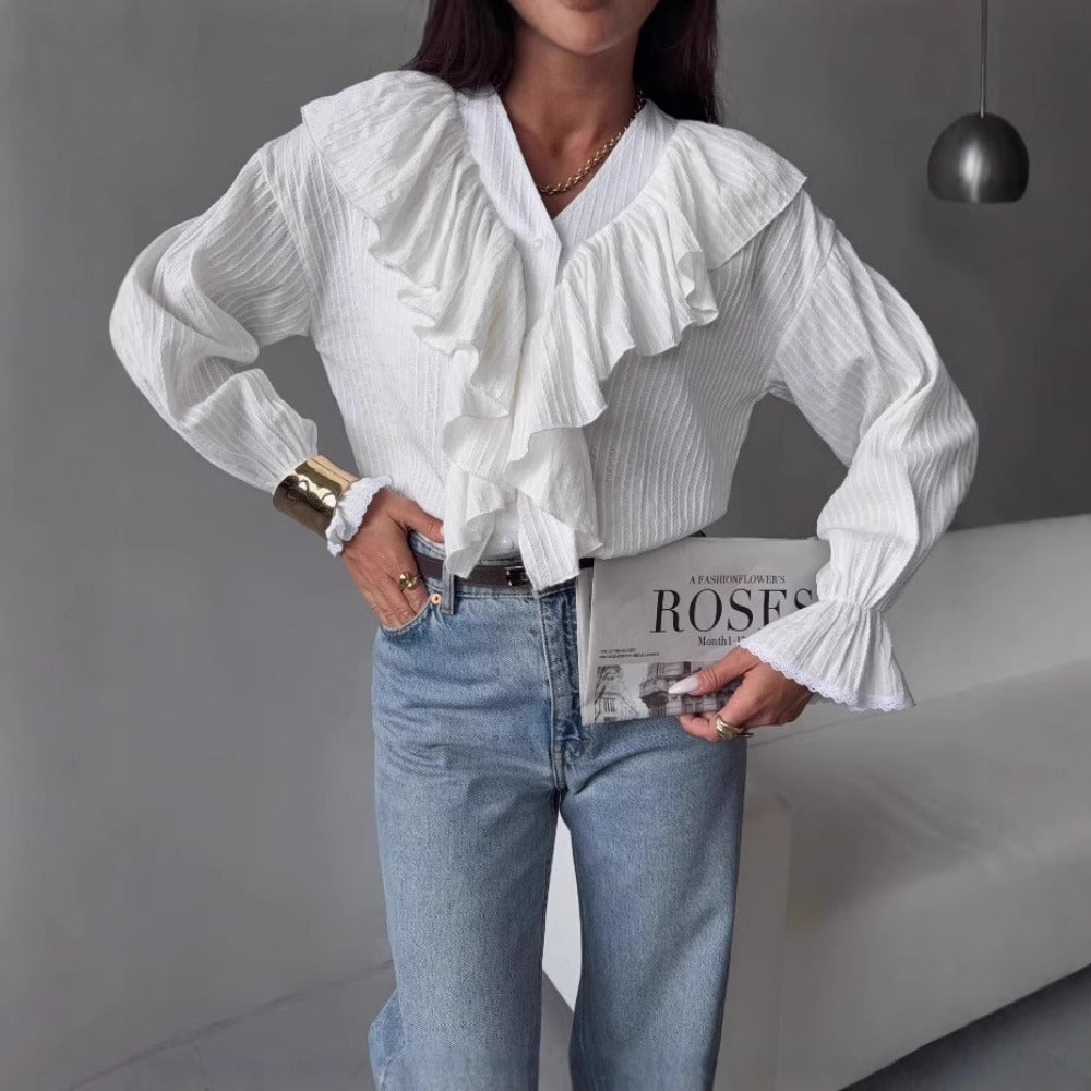 White Ruffle V Neck Blouse with Long Sleeves for Women - Loredana