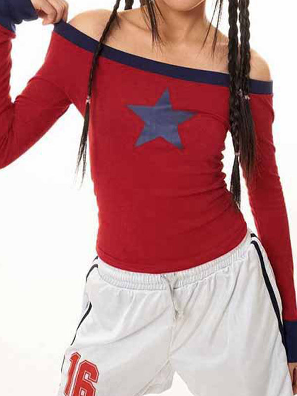 Red Y2k One Shoulder Star Long Sleeve Tee