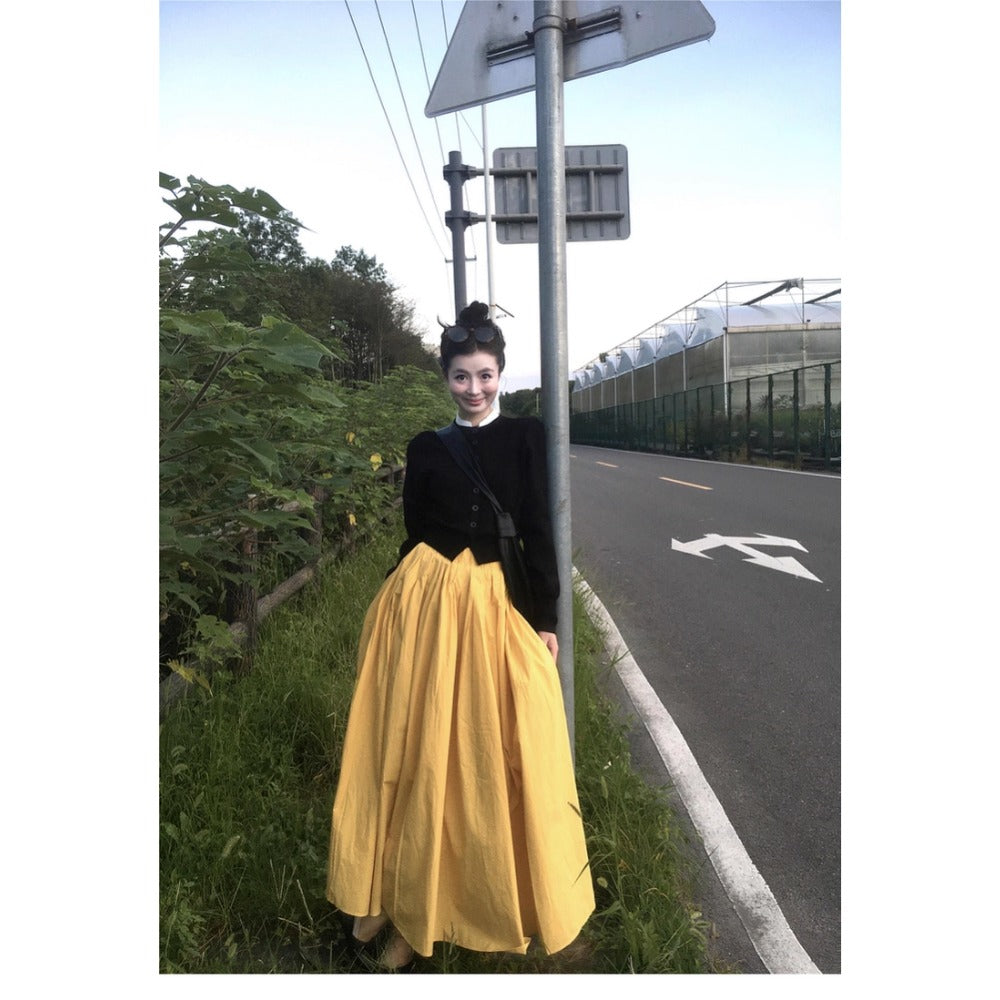 Yellow High Waist Maxi Skirt with Pleats for Women - Rosa