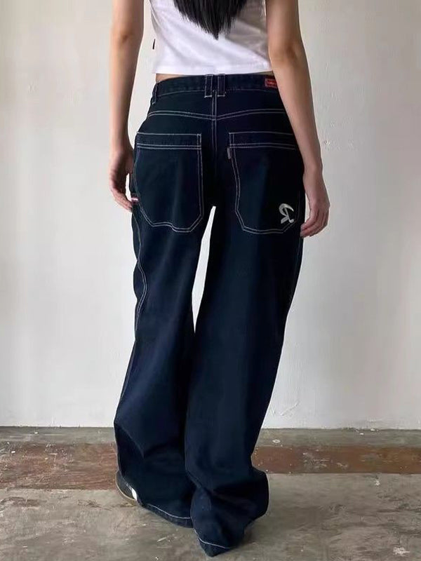 Solid Color Vintage Pocket Embroidery Boyfriend Jeans