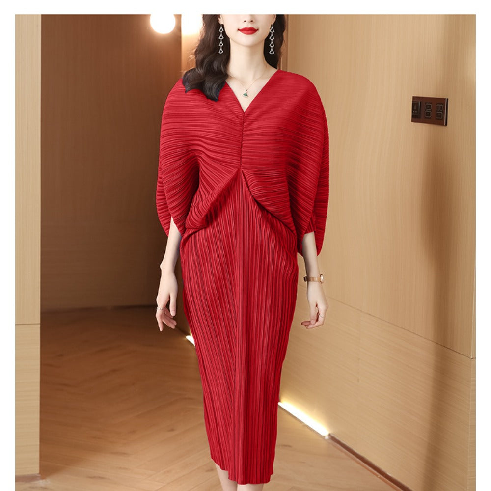 Midi Dress with Pleated Batwing Sleeves for Women - Lina