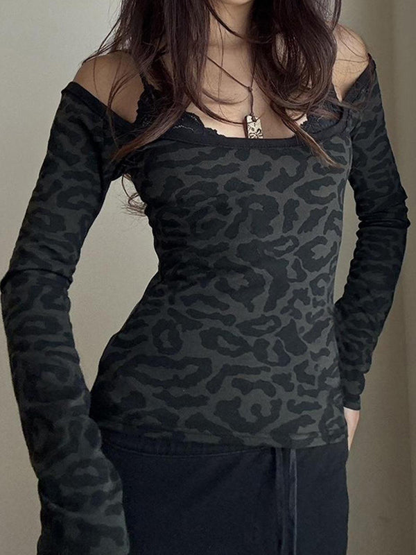 Black Lace Leopard Print Fake Two Piece Tee