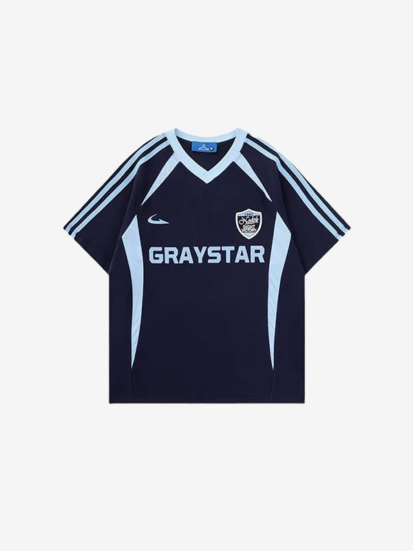 Navy Blue 90s Stripe V Neck Oversized Short Sleeve Tee