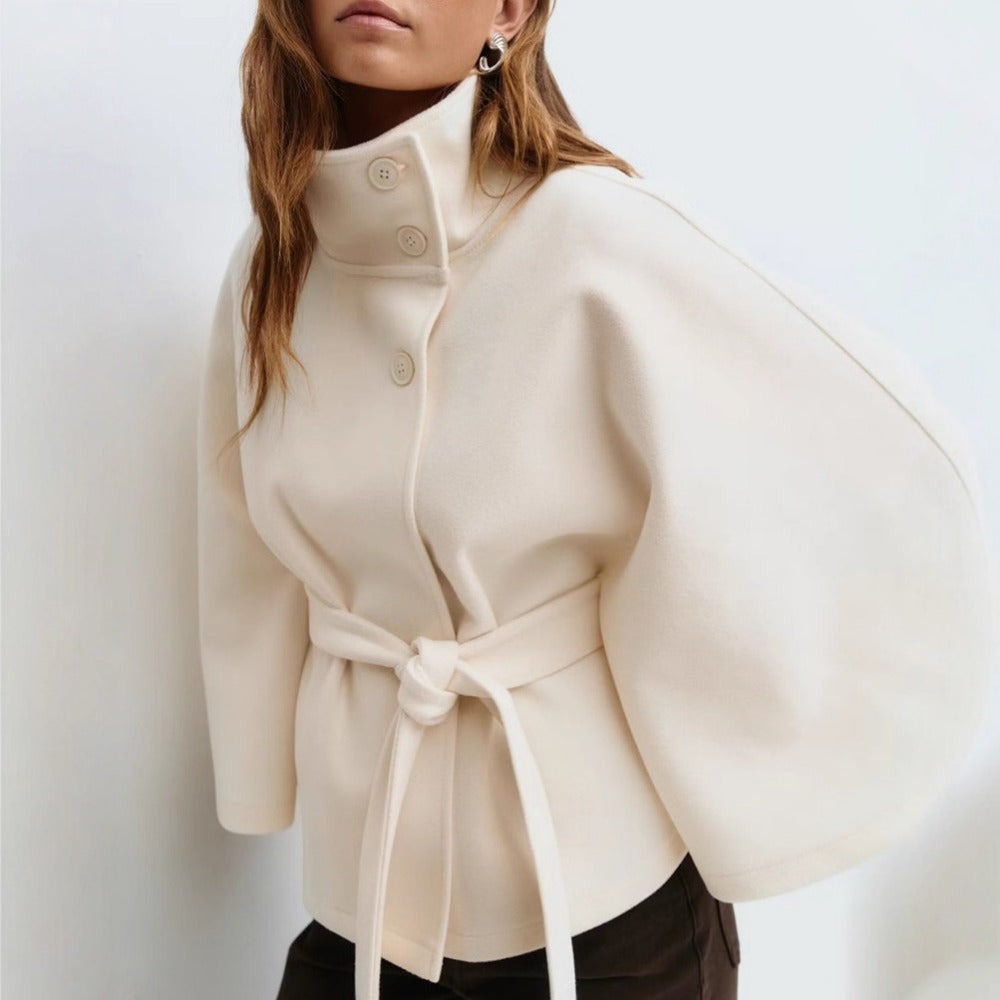 Belted Cape Coat with High Collar for Women - Iolanda