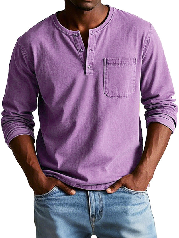 Men's Long Sleeve Henley Tee with Chest Pocket