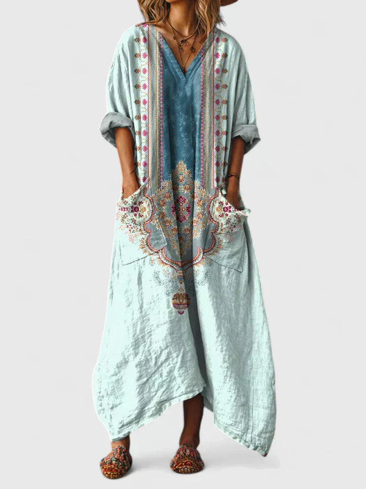 Women’s Boho V-Neck Kaftan Maxi Dress | with Pockets