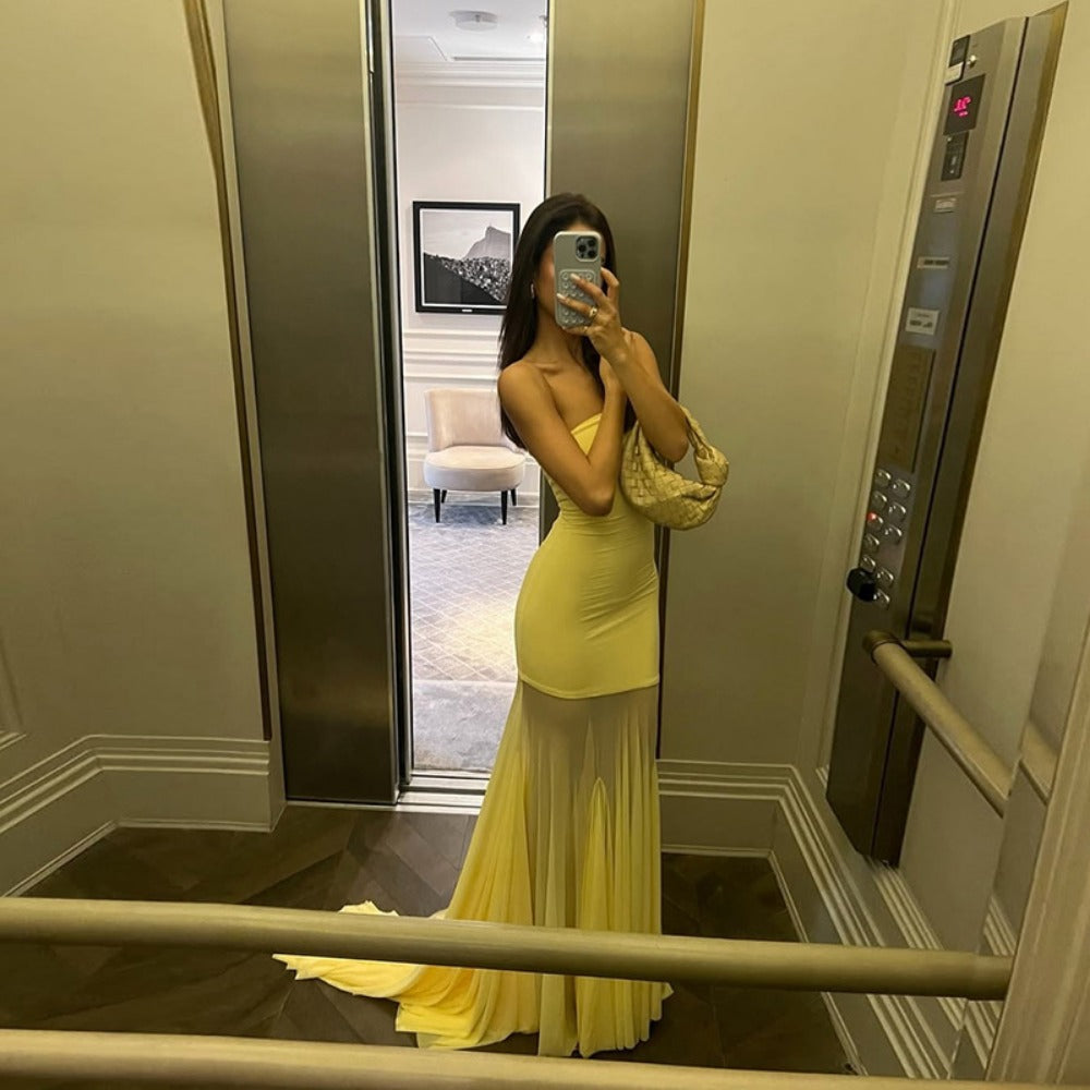 Yellow Strapless Maxi Dress with Sheer Mesh Skirt for Women - Melania