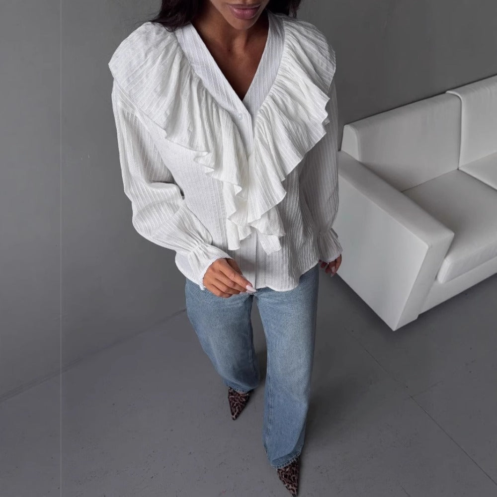 White Ruffle V Neck Blouse with Long Sleeves for Women - Loredana