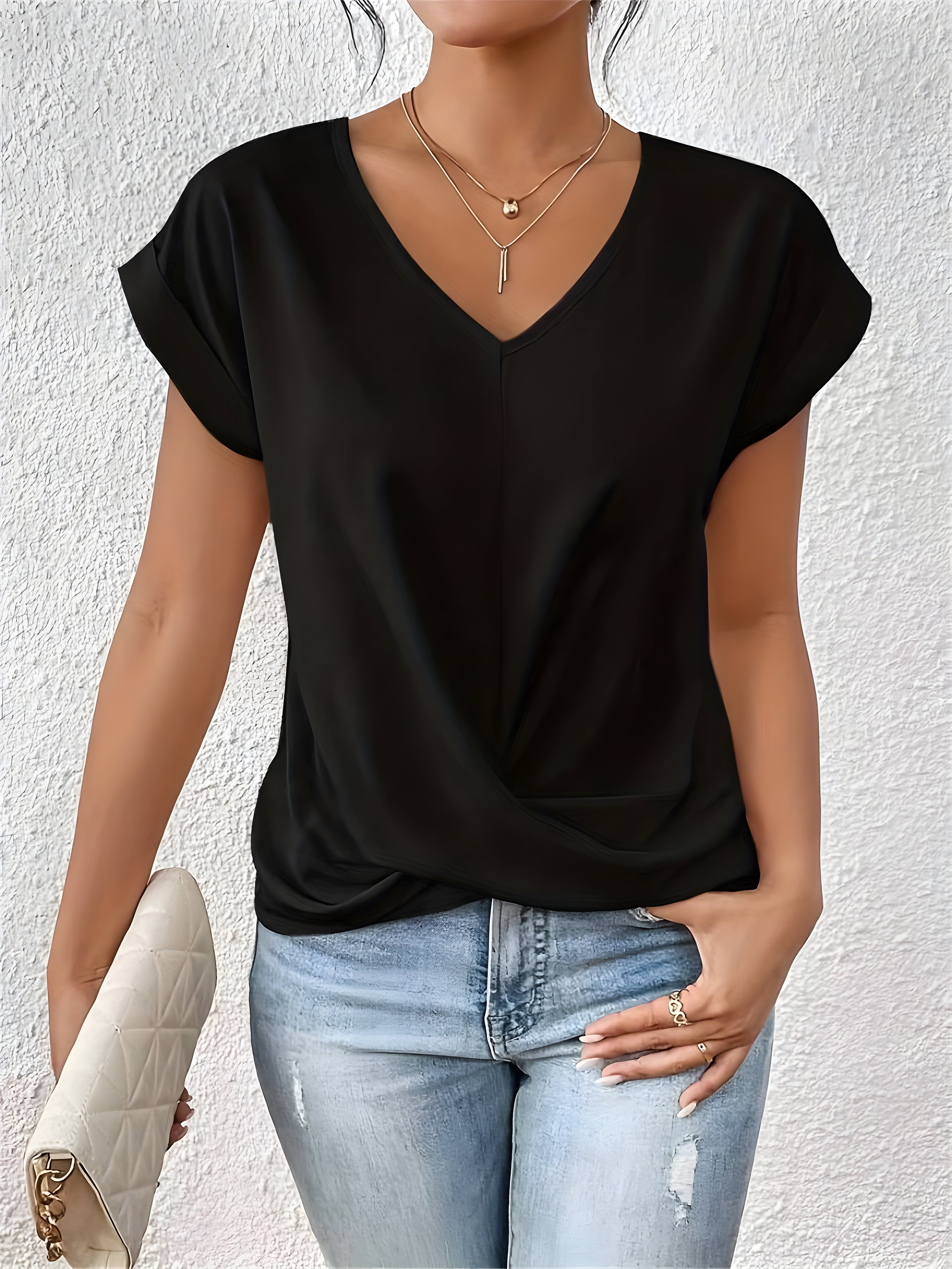 Solid V-Neck T-Shirt for Women | Short Sleeve