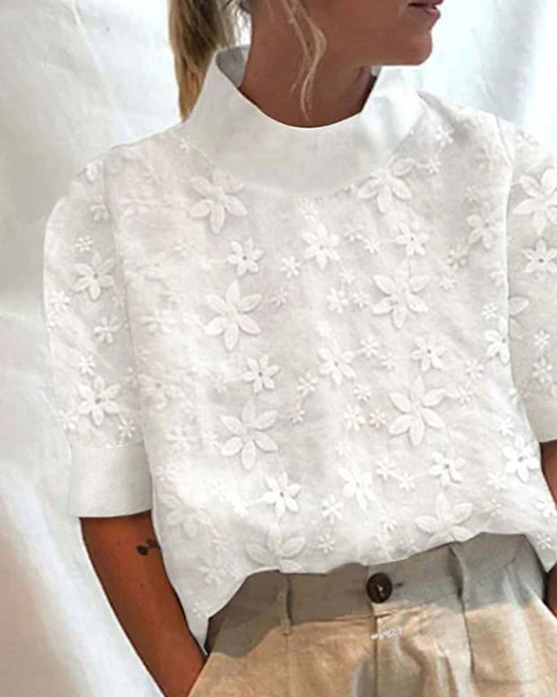 Floral Print Short Sleeve Top for Women | Featuring Stand Collar