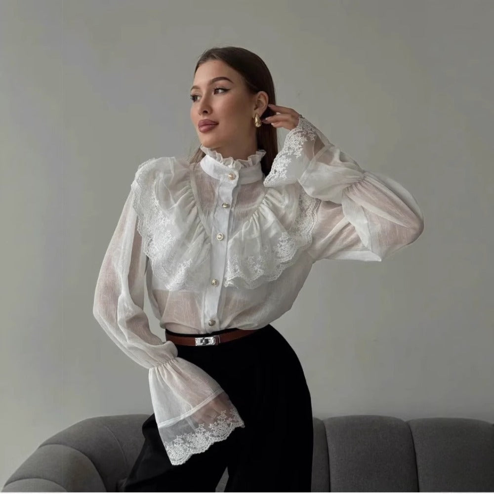 White Sheer Lace Ruffle Blouse with Long Sleeves for Women - Melissa