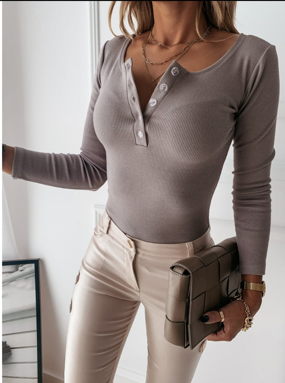 Women's Ribbed Long Sleeve Henley Top | Casual