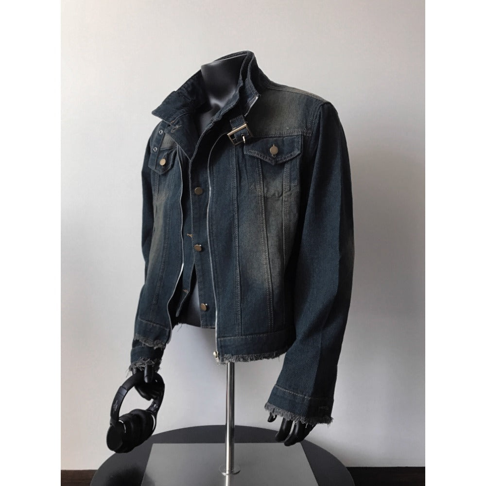 Dark Blue Denim Jacket with Frayed Hem for Men and Women - Diana