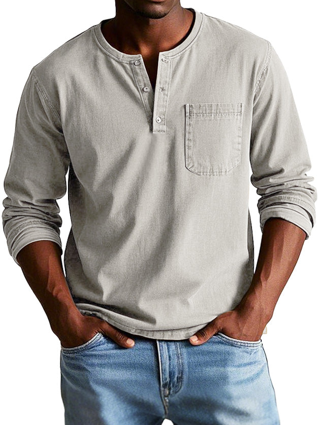 Men's Long Sleeve Henley Tee with Chest Pocket