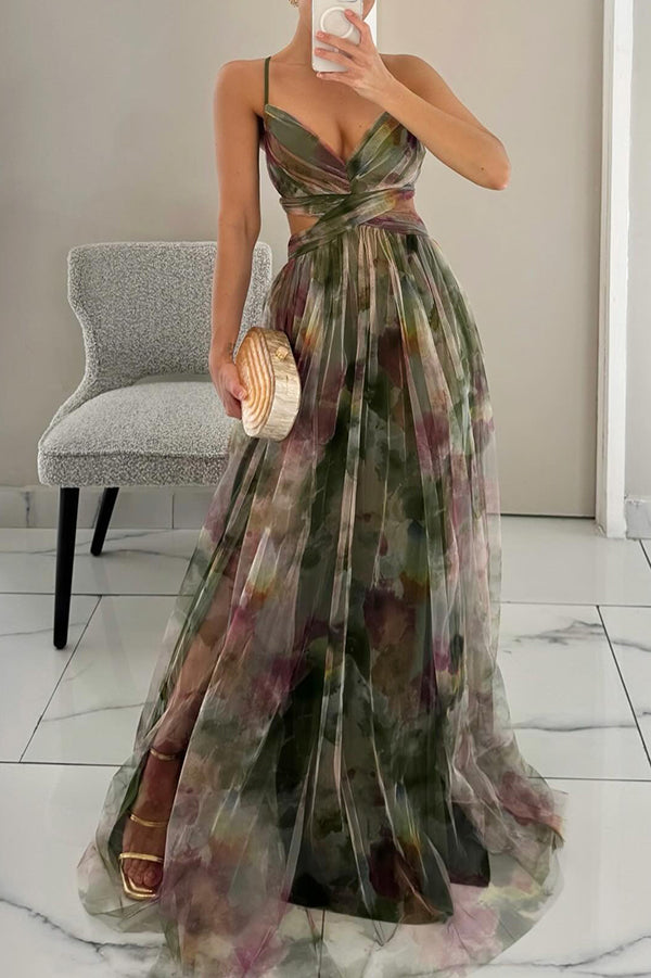Multicolor Chiffon Maxi Dress with Spaghetti Straps for Women - Erika