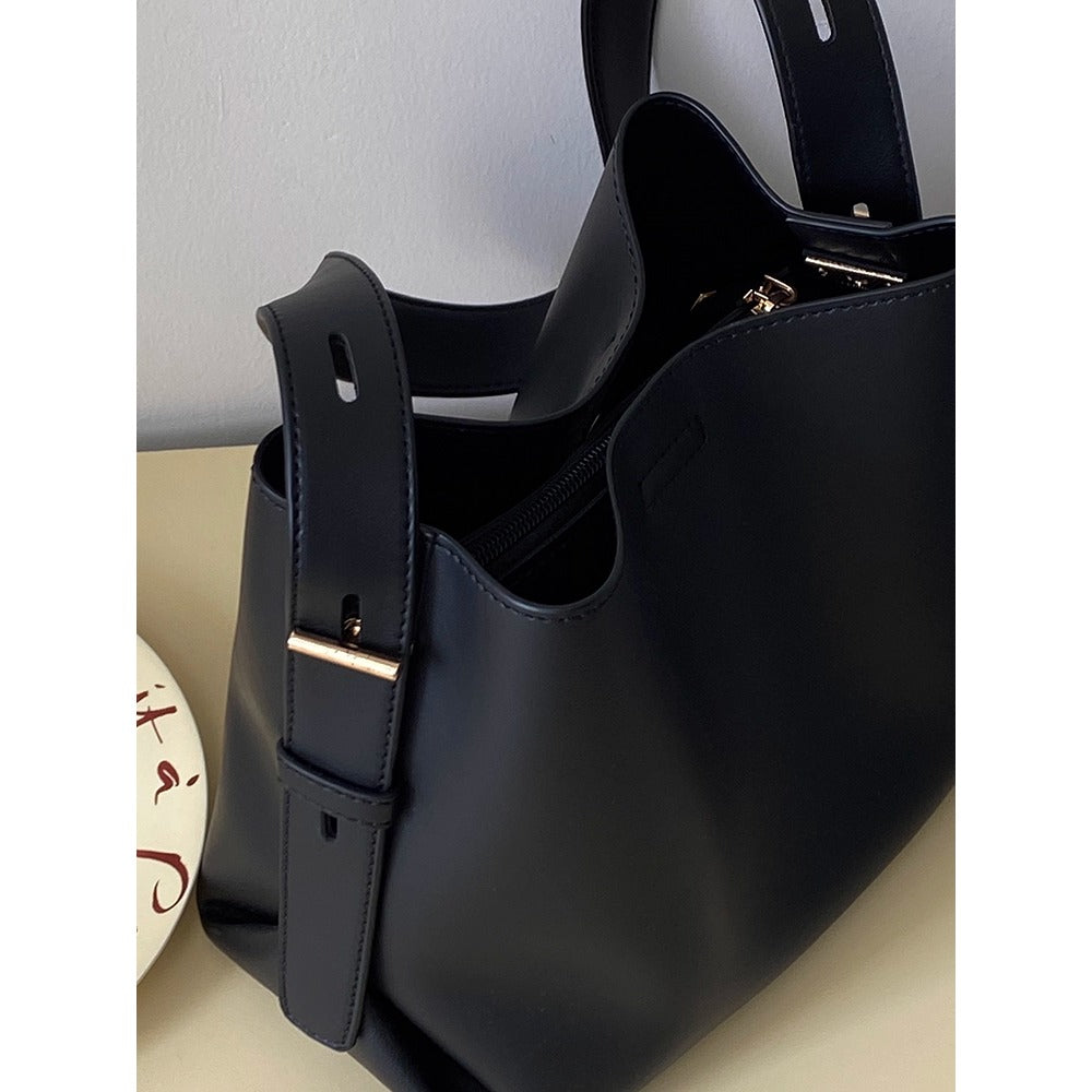 Black Leather Shoulder Tote Bag with Adjustable Strap for Women - Elisa