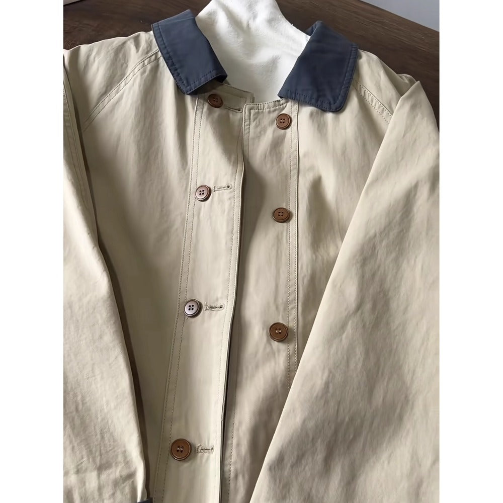 Beige Button Up Contrast Collar Trench Coat for Women - Luce
