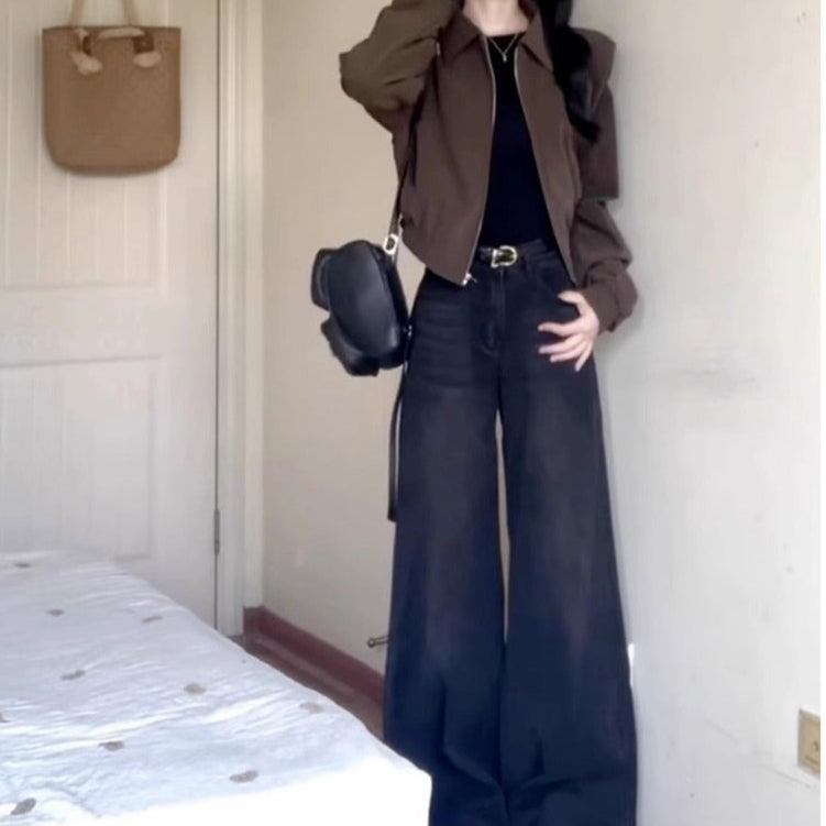 Brown Cropped Zip Up Jacket with Long Sleeves for Women - Ester
