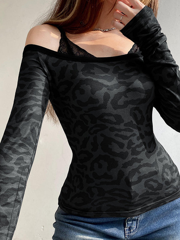 Black Lace Leopard Print Fake Two Piece Tee