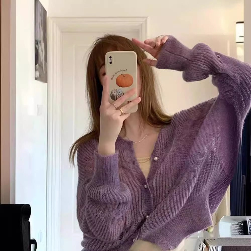 Purple Knit Cardigan Sweater with Long Sleeves for Women - Gelsomina