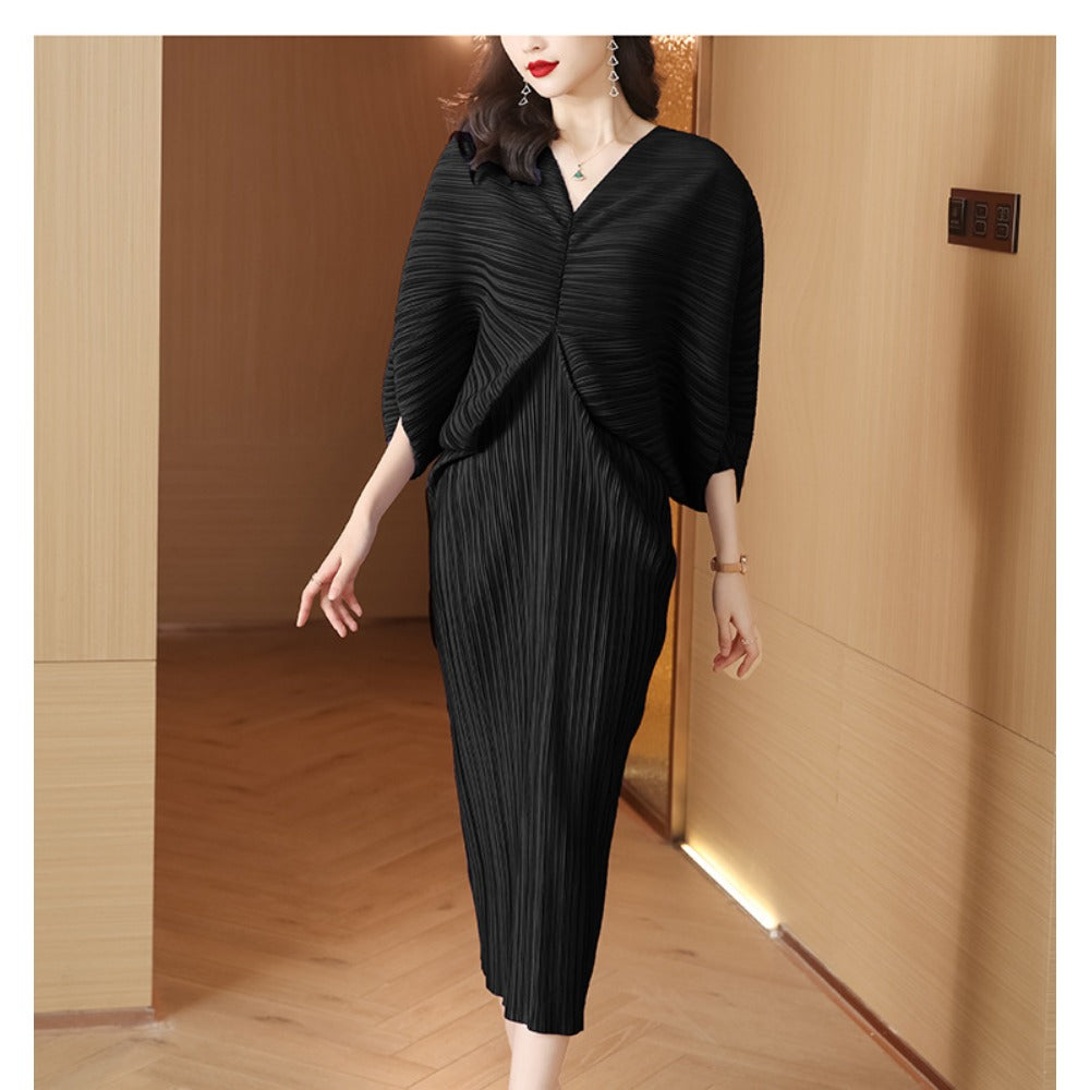 Midi Dress with Pleated Batwing Sleeves for Women - Lina