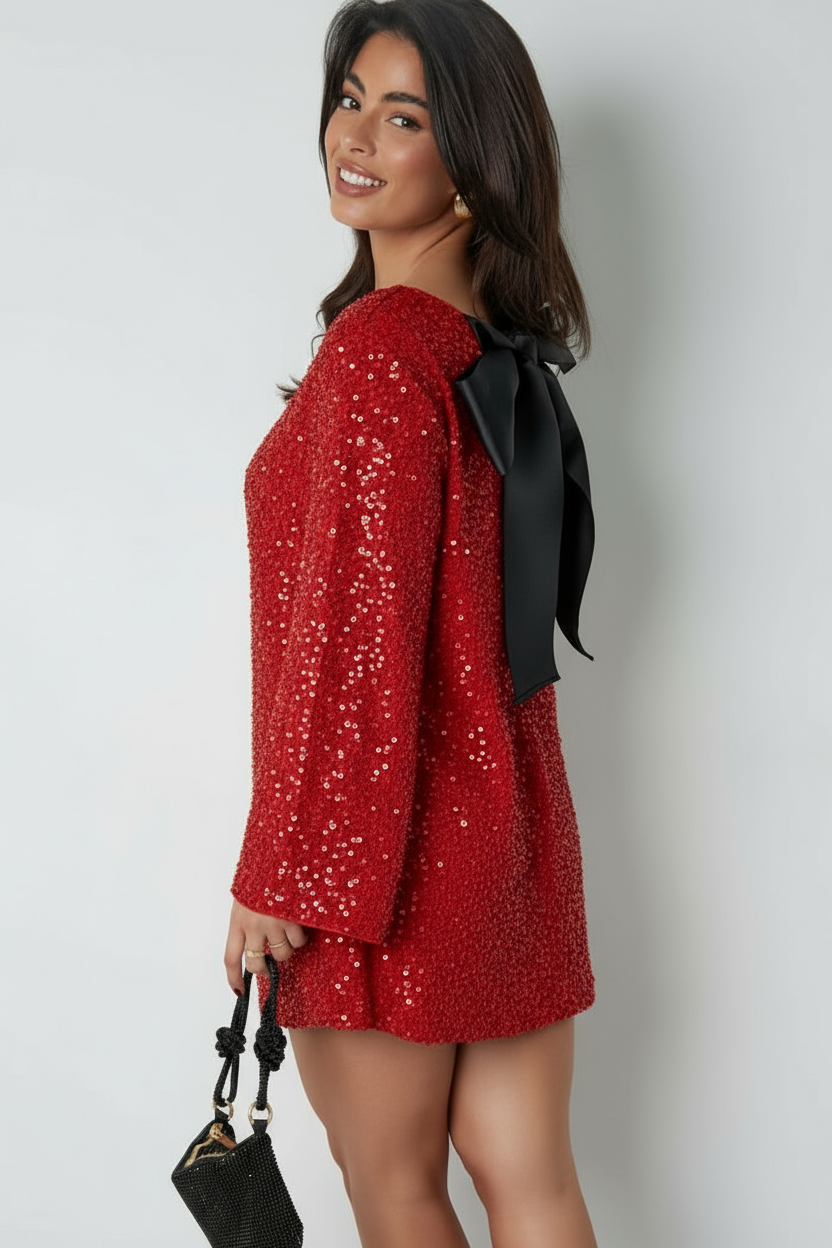 Women's Mini Long Sleeve Wedding Guest Dress with Bow Details