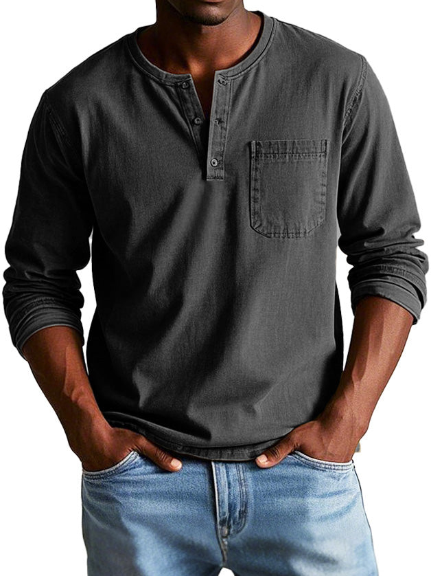 Men's Long Sleeve Henley Tee with Chest Pocket