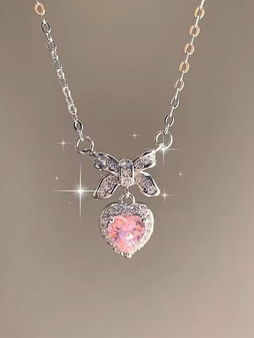 Pink Y2K Glittering Bow Heart Pendant Necklace