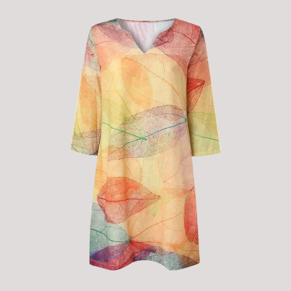 Women's V-Neck Midi Dress with Leaf Pattern for Summer