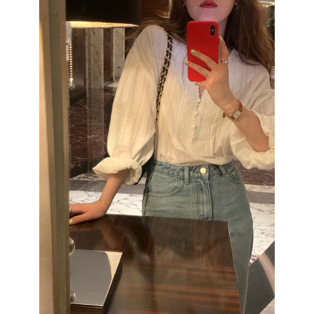 White Long Sleeve V Neck Blouse for Women - Marina