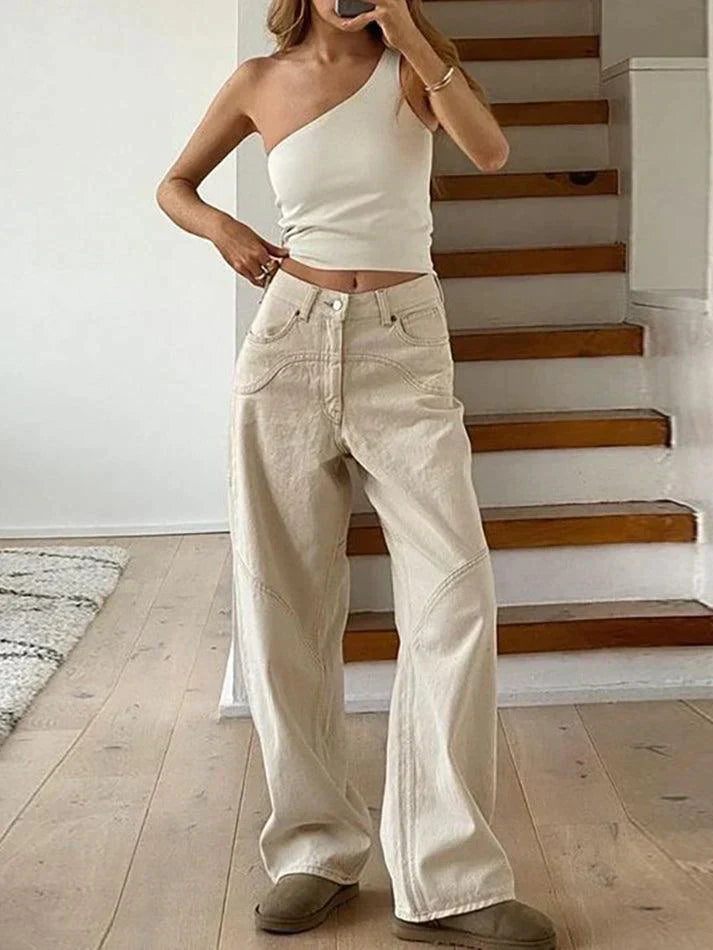 White Vintage Straight Leg Baggy Jeans with Splice Detail